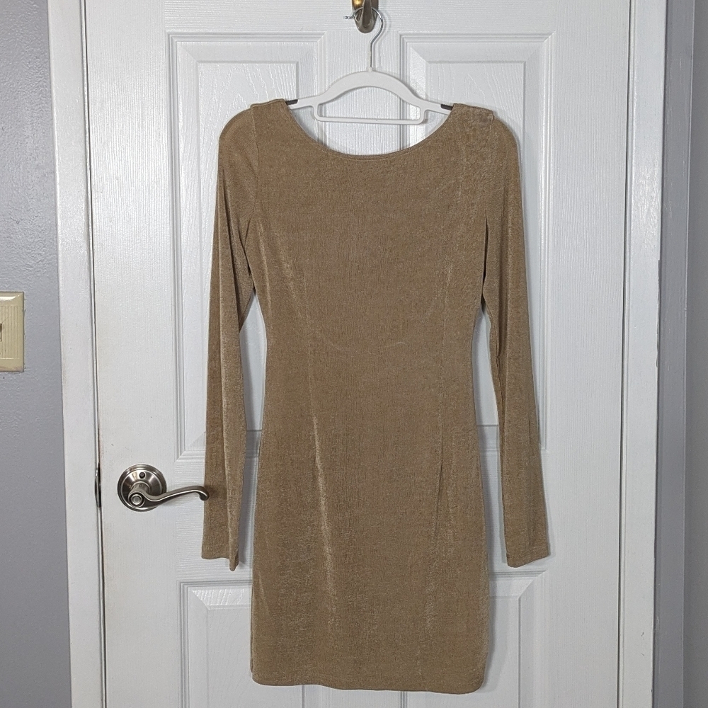 New‎ Mable Open Back Golden Long Sleeve Metallic Bodycon Dress Size Small